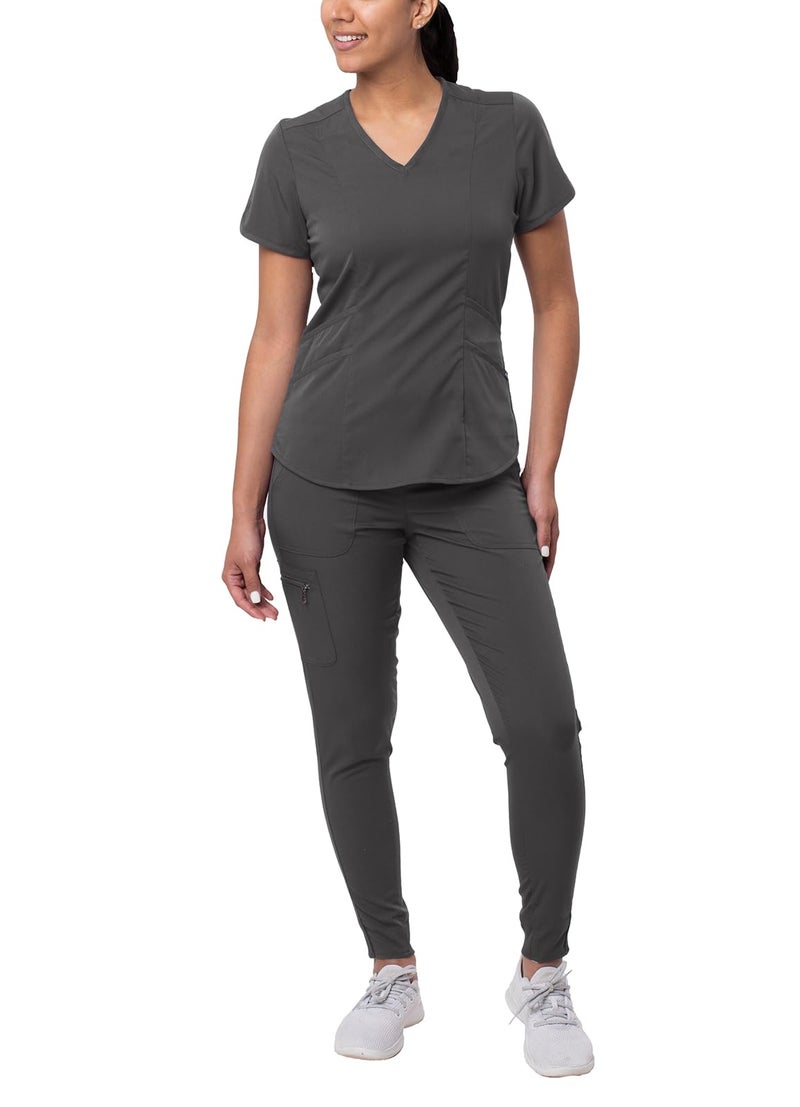 Adar Uniforms Adar Pro Athletic Scrubs Set For Women - Stretch V-Neck Scrub Top & Yoga Jogger Cargo Scrub Pants, 10 Pockets - P9500 - Pewter - M - Image 1